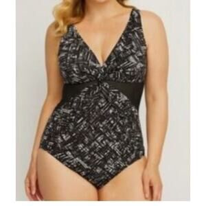 Miraclesuit Twist of Fate One Piece Print Swimsuit V Neck Mesh Detail Sz 10 NEW